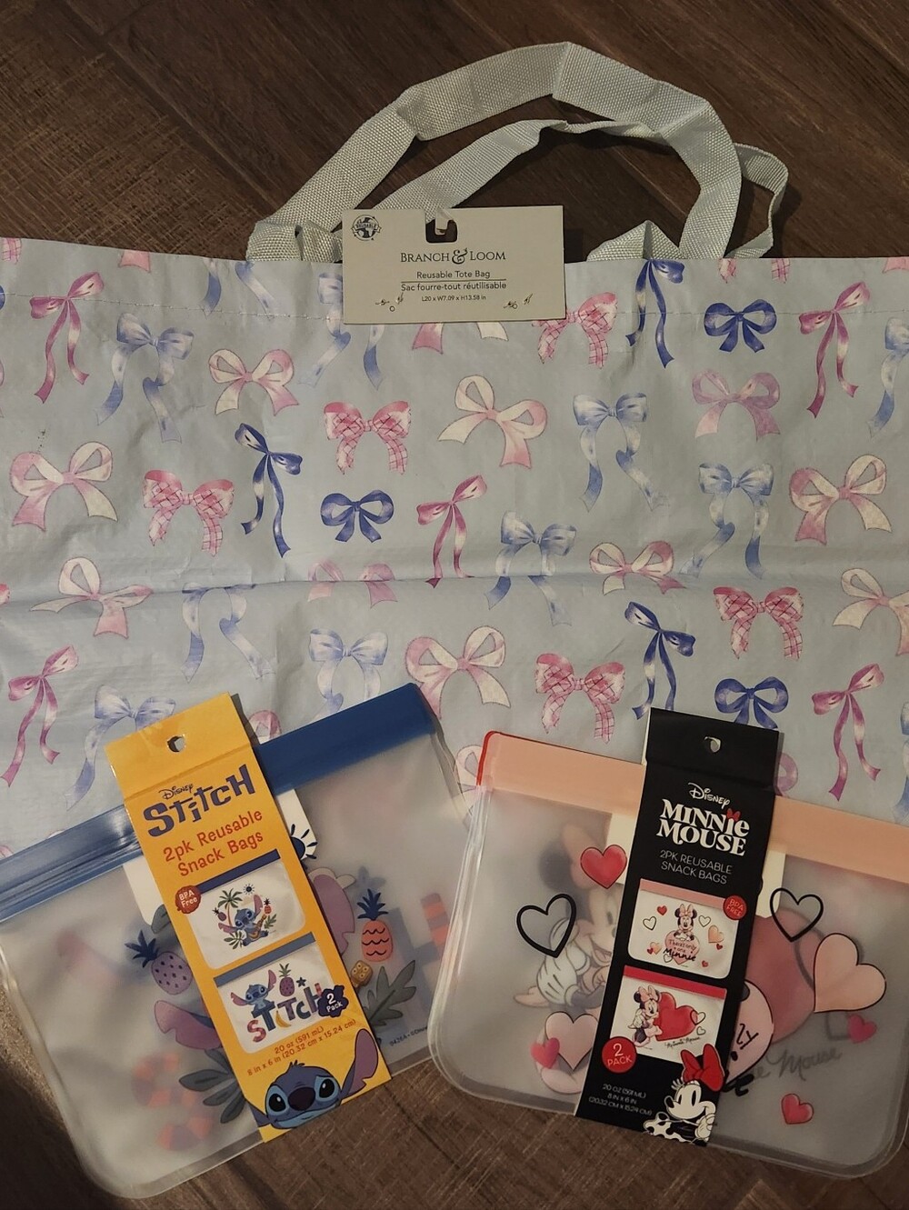 Disney Minnie & Stitch Reusable Snack Bags with Blue and Pink Bow Tote